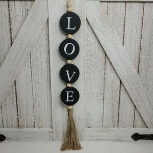 Black & White Wood LOVE Wall Hanging Decor with Beads & Jute Tassel